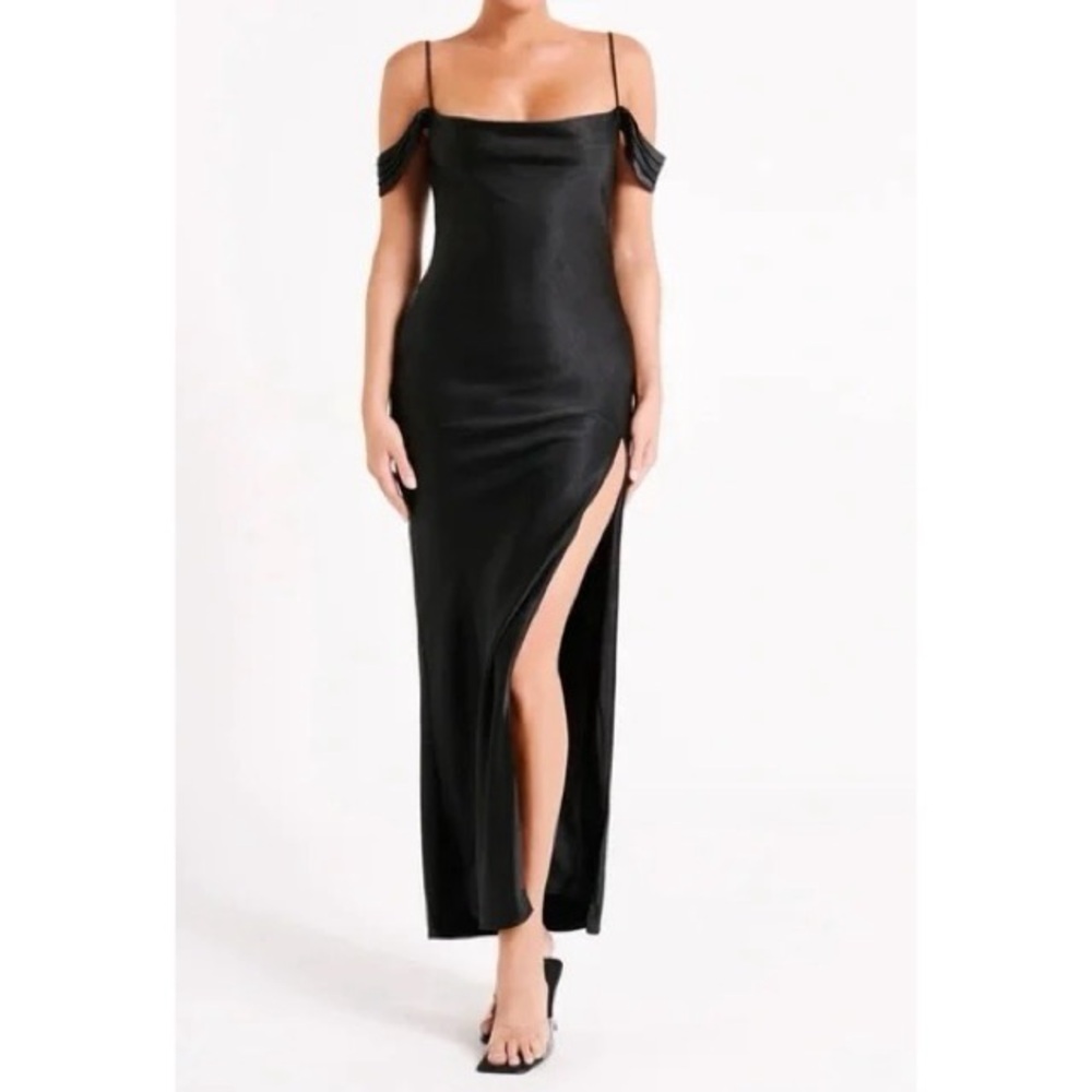 MESHKI MARIPOSA OFF SHOULDER MAXI SATIN DRESS